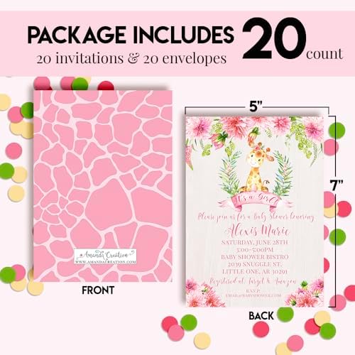Amanda Creation Custom Baby Shower Invites Pink Dahlia Flowers Giraffe Invitations 20 5x7 Personalized Invites With Envelopes - Image 4