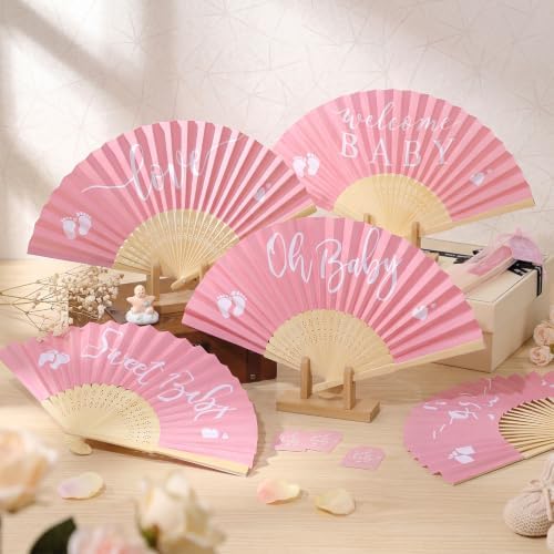 Threehoney 25 Sets Baby Shower Favors 5 Styles Bamboo Paper Hand Fans,Pink - Image 4