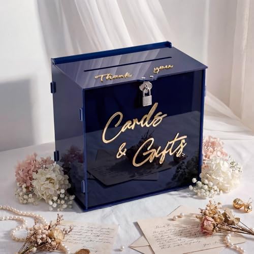 BreezeHug Navy Blue Acrylic Wedding Card Box with Slot and Lock, Graduation Money Gift Box with DIY Letters cards Gifts/Thank You Letters, Funeral, Quinceanera, Retirement Birthday (Medium) - Image 6