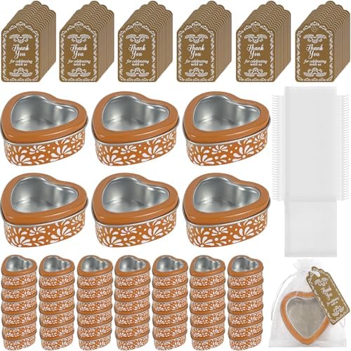 48 Pcs Brown Mexican Heart Shaped Tins with Clear Lids Organza Bags Thanks Cards De Barro Mexicanos Empty Candle Candy Boxes Cielito Lindo Party Decorations for Wedding Gifts Fiesta Party Favors by Stuffygreenus