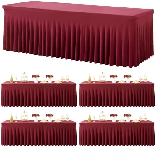 4 Pack Burgundy Spandex Tablecloths for 8 Foot Rectangle Tables, Wrinkle Free Fitted Tablecover 8ft Maroon Stretchy Table Clothes with Skirt for Weddings Birthday Party Banquet Baby Shower by Htper
