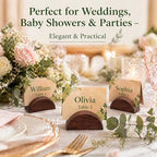 100PCS Wood Place Card Holders with Cards & Self-Adhesive, Pine Wooden Semicircular Design Table Number Name Card Stands for Wedding Baby Shower Birthday Party Menu Cafe (100, Silver) - Image 3