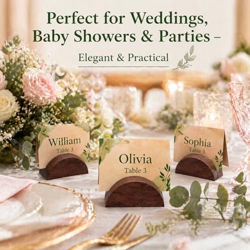 100PCS Wood Place Card Holders with Cards & Self-Adhesive, Pine Wooden Semicircular Design Table Number Name Card Stands for Wedding Baby Shower Birthday Party Menu Cafe (100, Silver) - Image 3