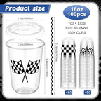 LemonRoad 100sets 16oz Checkered Flag Cups Race Car Birthday Party Decorations Supplies Plastic Cups Disposable with Lids and Straws for Racing Party Christmas Birthday Wedding Baby Shower Decoration - Image 3
