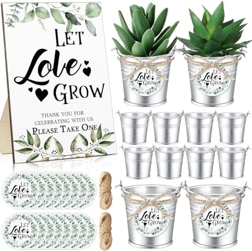 Zhehao 50 Sets Mini Succulent Buckets with 1 Greenery Let Love Grow Sign 50 Let Love Grow Tag and 2 Hemp Ropes for Wedding, Bridal, Baby Shower, Succulent Party Favor for Guests by Zhehao