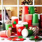 Mimorou 60 Pack Christmas Coffee Cups with Lids and Sleeves, 12 oz Red and Green Paper Disposable Party Cup, Festive Designs Snowman Snowflakes Santa Tree Gingerbread Candy Cane for Xmas Party Favors - Image 6