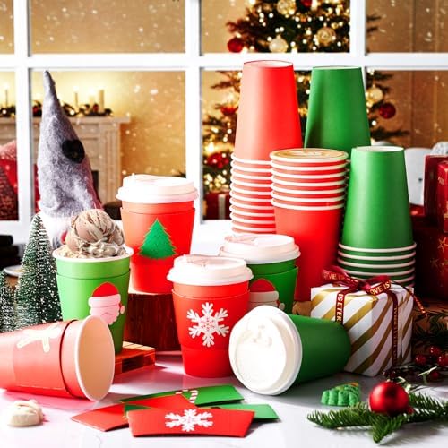 Mimorou 60 Pack Christmas Coffee Cups with Lids and Sleeves, 12 oz Red and Green Paper Disposable Party Cup, Festive Designs Snowman Snowflakes Santa Tree Gingerbread Candy Cane for Xmas Party Favors - Image 6