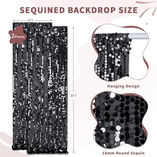 Black Sequin Backdrop Curtain 2 Panels 2ftx8ft Glitter Graduation Party Background for Class of 2026 Prom Birthday Photo Booth Decorations - Image 2