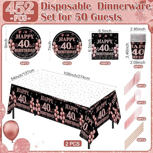 Funnymoom 452 Pcs 40th Birthday Decorations for Women Black and Rose Gold 40th Birthday Paper Plates Cups Napkins Tablecloth Cutlery Straws for Girls Women 40 Year Old Party Supplies for 50 Guests - Image 3