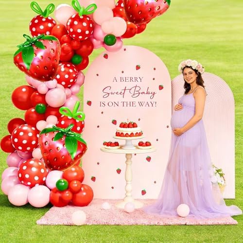 2 Pcs A Berry Sweet Baby is ON The Way Arch Backdrop Covers,Set of 2(7.2FT/6FT) Pink Ripple Strawberry Theme Arch Fabric Cover for Girls Birthday Baby Shower Party Decoration - Image 7