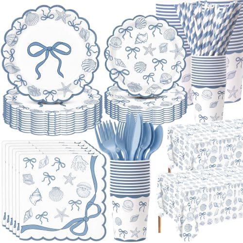 Ceenna 452 Pcs Blue Bow Seashell Plates Napkins Cups Party Supplies for 50 by Ceenna