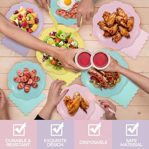 Qinyoung 388 Pcs Pastel Plates and Napkins Party Supplies Tableware Include Disposable Scalloped Plate Paper Napkin Cup Plastic Cutlery for Baby Shower Party Wedding Birthday, 48 Sets - Image 4