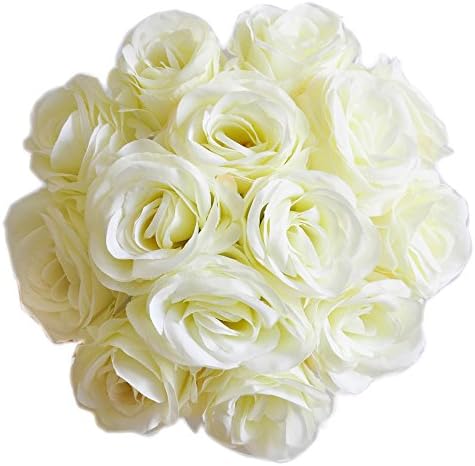 Artificial Flowers 50PCS Silk Rose with Wire Stem Real-Touch Fake Rose for DIY Wedding Décor Bride&Bridesmaid Bouquets Home Office Baby Shower Party Prom Centerpieces Arch Garland（White） by cn-Knight