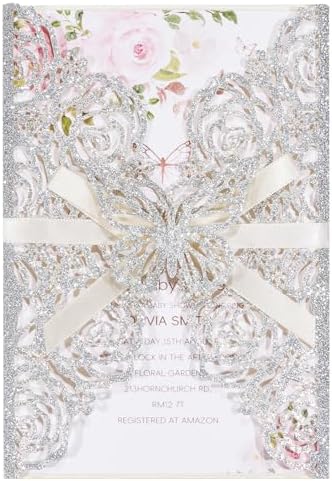 Silver Glitter Butterfly Laser Cut Wedding Invitation Accessories 50pcs by Maffily