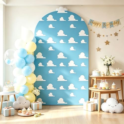 Arch Backdrop Cover Blue Sky White Clouds Toy Theme Party Chiara Arch Backdrop Cover Stretch Spandex Arch Frame Cover for Baby Shower boy Birthday Party Photo Booth Decorations (6.6FT) - Image 4