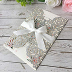 50PCS 5.12 x 7.28'' Personalized Laser Cut Wedding Invitations Cards with Envelopes Hollow Rose Pocket with Bowknot Invitation for Wedding Bridal Shower Invite (Silver Glitter) - Image 6