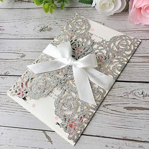 50PCS 5.12 x 7.28'' Personalized Laser Cut Wedding Invitations Cards with Envelopes Hollow Rose Pocket with Bowknot Invitation for Wedding Bridal Shower Invite (Silver Glitter) - Image 6