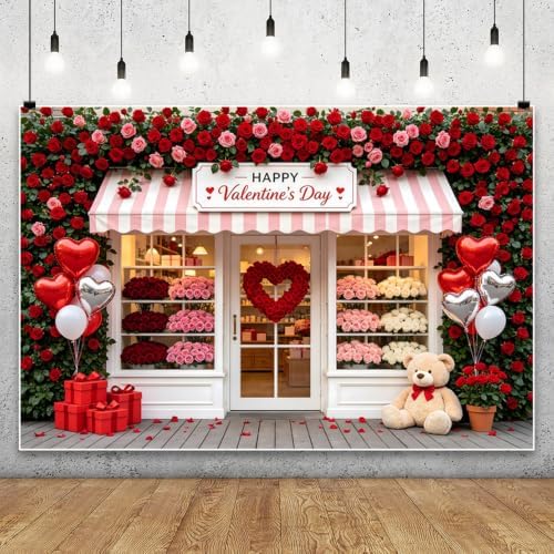 9x6ft Valentines Day Photography Backdrop Happy Valentines Day Flower Shop Front Red Pink Rose Floral Wall Heart Balloon Gift Box Bear Photo Background for Party Portrait Photo Booth Decor - Image 3