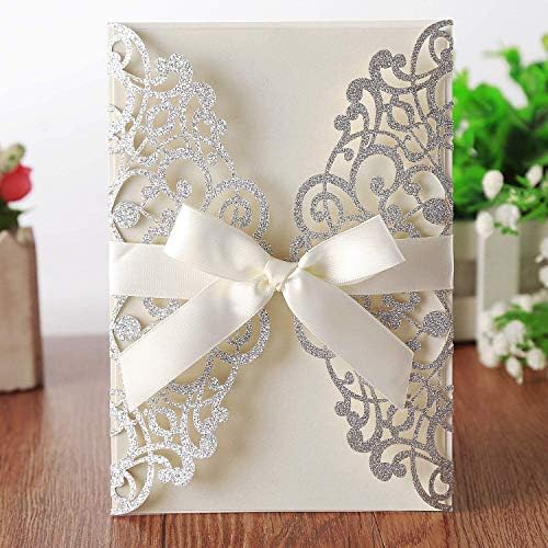 Hosmsua 50PCS Personalized Laser Cut Wedding Invitation Cards with Ribbon 5.12 x 7.3'' Lace Flora Wedding Invitations for Quinceanera Birthday invites (Sliver Glitter) Customized Printed - Image 3
