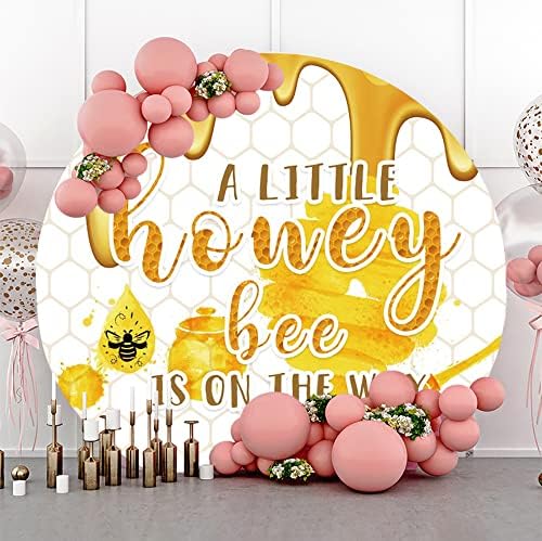 5ft Diameter A Little Honey Bee is On The Way Theme Baby Shower Round Backdrop Cover Golden Glitter Sweet Honeycomb Bumblebee Circle Background Kids Baby Shower Portrait Photo Booth Props by OFILA