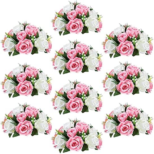 Sziqiqi Artificial Flower Centrepieces for Tables, Pink & White, 10Pcs by SZIQIQI