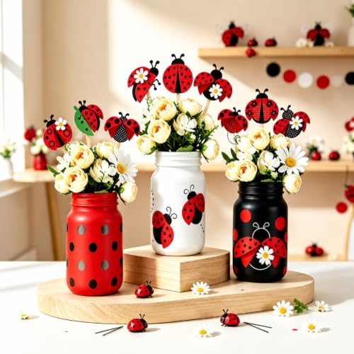 12 Pcs Ladybug Baby Shower Decorations Set with Wooden Picks Jars by Gandeer