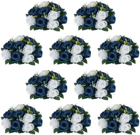 NUPTIO Artificial Flower Centrepieces for Tables - 10 Pcs Navy Blue & White Fake Flowers Roses Balls 9.5in Diameter - Silk Faux Rose Arrangement for Wedding Party Centerpiece Table Decorations by Nuptio