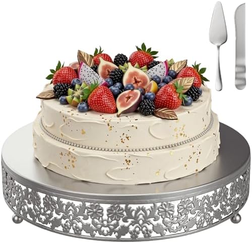 Wenqik 12 Inch Silver Cake Stand Set Metal Round Cupcake Dessert Stand with Cake Cutting, Flower Spatula Wedding Cupcake Pastry Display Candy Holder Display for Wedding Party Birthday Baby Shower by Wenqik