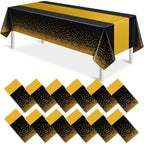 12Pcs Black and Gold Tablecloth Party Decorations,Plastic Black Table Cloth Printed Gold Table Runner Disposable Rectangle Table Cover for Birthday Retirement Anniversary Graduation Party,54 x108 Inch by MASHAN