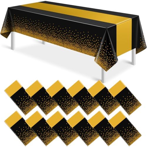 12Pcs Black and Gold Tablecloth Party Decorations,Plastic Black Table Cloth Printed Gold Table Runner Disposable Rectangle Table Cover for Birthday Retirement Anniversary Graduation Party,54 x108 Inch by MASHAN