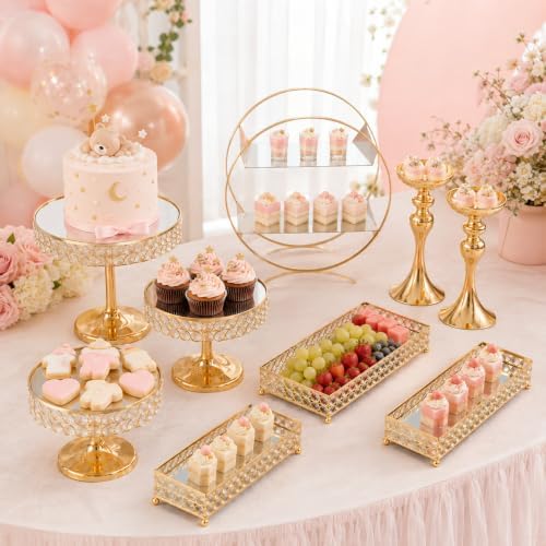 9 Pcs Cake Display with Mirror, Wedding Crystal Cake Stands for Reception - Image 6