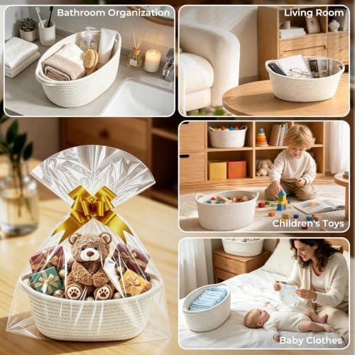 8 Pack Small Woven Baskets, 12"x 8"x 5" Empty Gift Baskets with Gift Bags and Bows, Gift Baskets for Christmas Mother's Day, Baby Showers, Birthdays, Raffle Storage Basket with Handles, White - Image 5