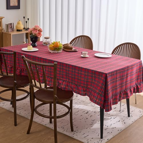 vctops Christmas Red Plaid Ruffle Table Cloth, Farmhouse Cotton Linen Tablecloth, Washable Table Cover for Rectangle Table Baby Shower Kitchen Party Wedding Decor (Red B,55"x94") - Image 3