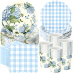 Pickmesh 250 Pcs Blue Hydrangea Party Supplies Blue Floral Gingham Checkered Paper Plates Napkins and Cups Hydrangea Disposable Tableware Set for Summer Wedding Birthday Tea Party Decorations Serve 50 by Pickmesh