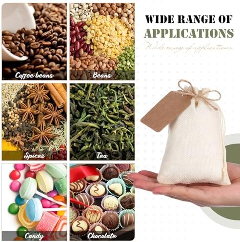 Woanger 100 Pcs Drawstring Burlap Gift Bags 4x6'' with Tags, Brown Green - Image 4