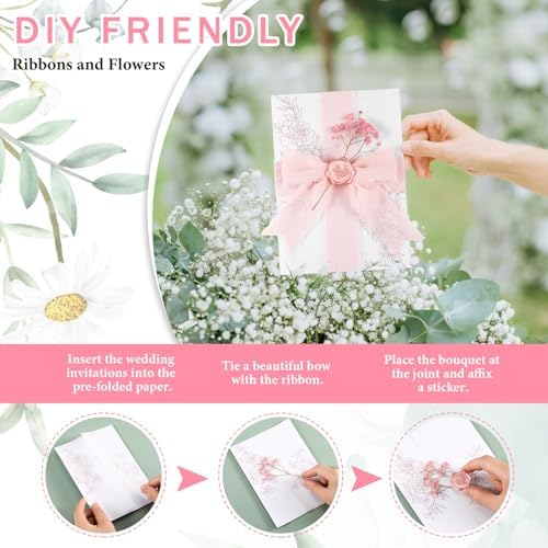 Fullhawl 100 Sets Wedding Invitations Wraps Set Pre Folded Vellum Jackets for 5 x 7 Invitations Dried Flowers Wax Seal Stickers Chiffon Silk Ribbon for Wedding Birthday Bridal Shower Craft DIY (Pink) - Image 4