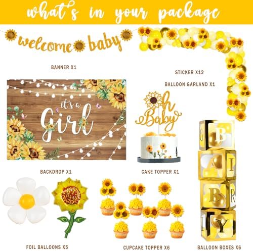 Hombae Sunflower Baby Shower Decorations, Baby Shower Decorations, Sunflower Themed Balloon It’s a Girl Backdrop Welcome Baby Glitter Banner Box Cutouts Cake Topper Daisy Sunflower Gold Yellow - Image 2