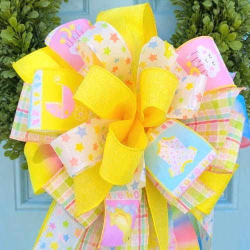 Baby Shower Wreath Bow Tree Topper, Yellow & Pastel Wired Ribbon Gender Neutral Decoration for Front Door, Nursery Swag, Gender Reveal Garland, Party Supplies, Handcrafted Whimsical Home Decor - Image 3