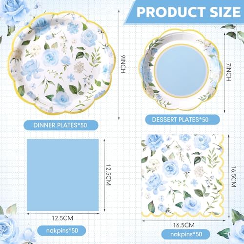 Funnymoom 200 Pcs Blue Floral Party Decorations Paper Plates Serve 50 - Image 2