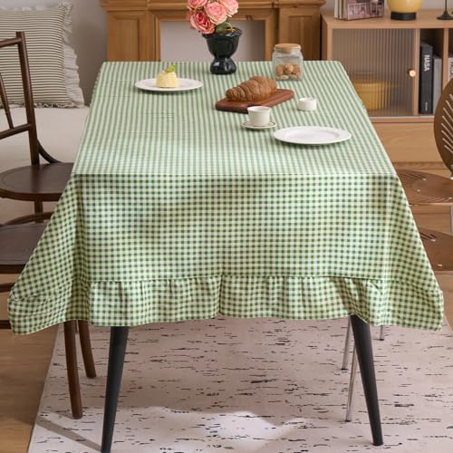 vctops Farmhouse Sage Green Plaid Ruffle Table Cloth, Boho Cotton Linen Tablecloth, Washable Table Cover for Square Table Baby Shower Kitchen Party Wedding Decor (Sage Green,70"x70") - Image 2