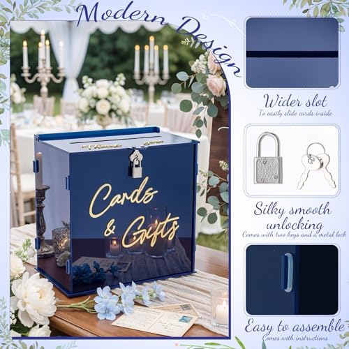 BreezeHug Navy Blue Acrylic Wedding Card Box with Slot and Lock, Graduation Money Gift Box with DIY Letters cards Gifts/Thank You Letters, Funeral, Quinceanera, Retirement Birthday (Medium) - Image 4