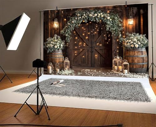 20x10ft Wedding Rustic Barn Door Backdrop Country White Roses Vintage Farmhouse Wooden Photography Backdrop Cabin Wooden Birthday Baby Shower Wedding Bridal Party Photo Booth Studio Prop - Image 2