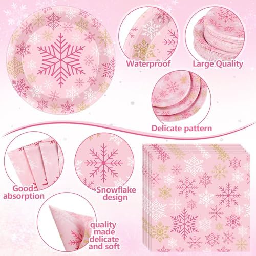 Funnymoom 452 Pcs Pink Gold Winter Snowflake Party Supply 50, Plate Cup Set - Image 3