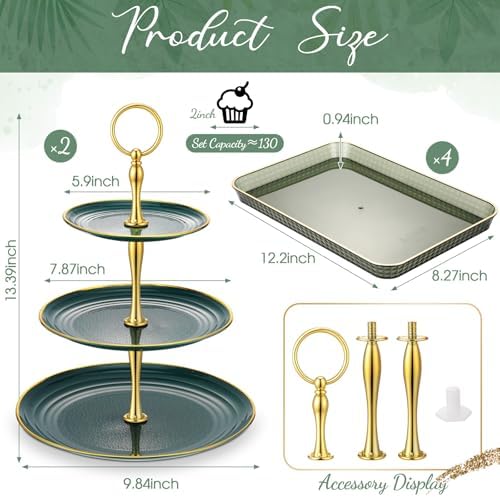 6 Pcs 3 Tier Green Cupcake Stand Tiered Serving Tray with Gold Rim Rectangle Serving Trays Round Plastic Dessert Display Stand Cup for Holiday Wedding Birthday Tea Party Decor - Image 2