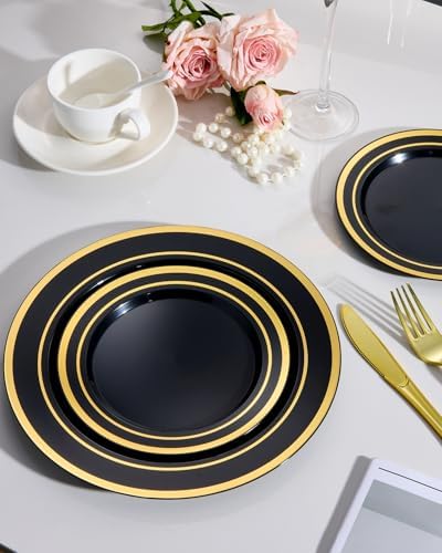 Goodluck 120PCS Black Plastic Plates with Gold Rim - Image 4