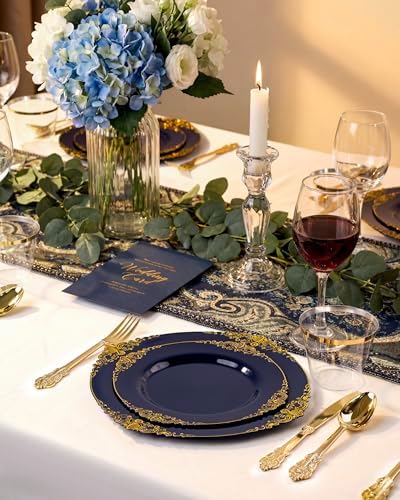 Nervure 350Pcs Blue Plastic Plates, Disposable Dinnerware Set for 50 Guests - Image 5