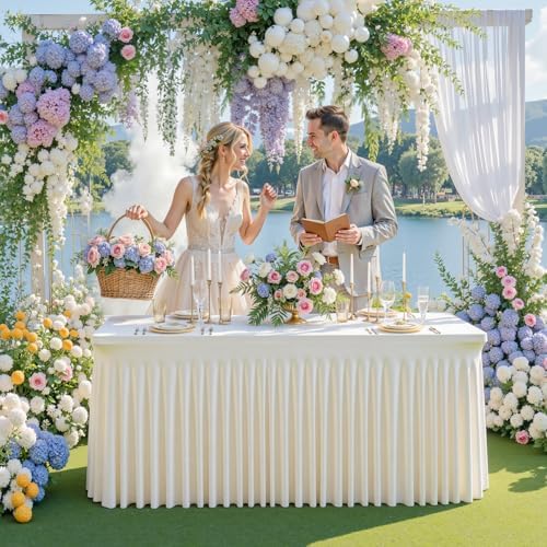 4 Pack Ivory Spandex Tablecloth for 4FT Rectangle Tables, Fitted Stretch Table Cover with Skirt, Wrinkle Free Washable Elastic Table Cloth for 4 Foot Folding Table, Wedding Banquet Baby Shower - Image 3