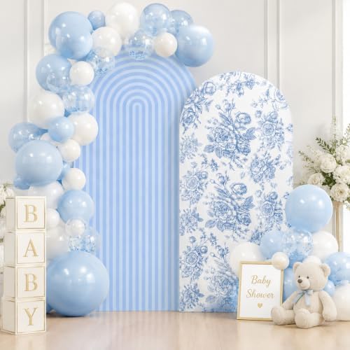 Blue Floral and Ripple Arch Backdrop Cover Set of 2 Party Arch Covers 7.2 and 6ft Spandex Arch Covers Stretchy Backdrop Birthday Wedding Bridal Baby Shower Photo Balloon Arch Backdrop Stand Cover - Image 3