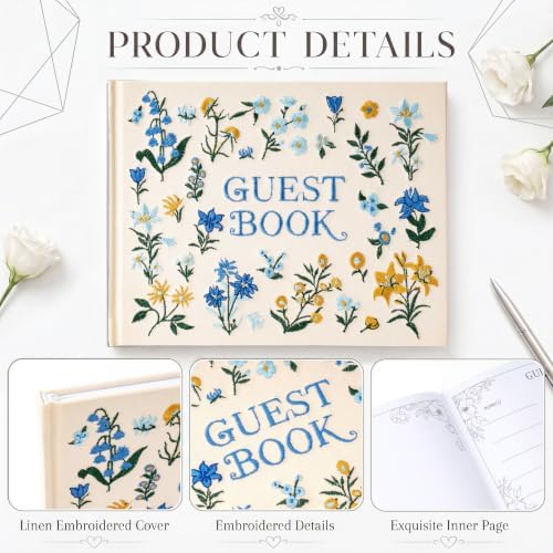 Wedding Guest Book and Vow Book Set Blue Flowers Embroidered Linen - Image 4
