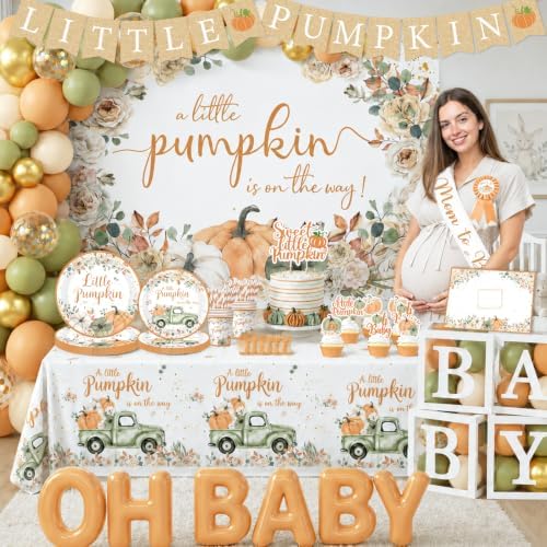 275pcs Little Pumpkin Baby Shower Decorations for Boy or Girl Fall Baby Shower Plates and Napkins Cups Backdrop Tablecloth Balloons for for A Little Pumpkin Is On The Way Baby Shower Decorations - Image 3